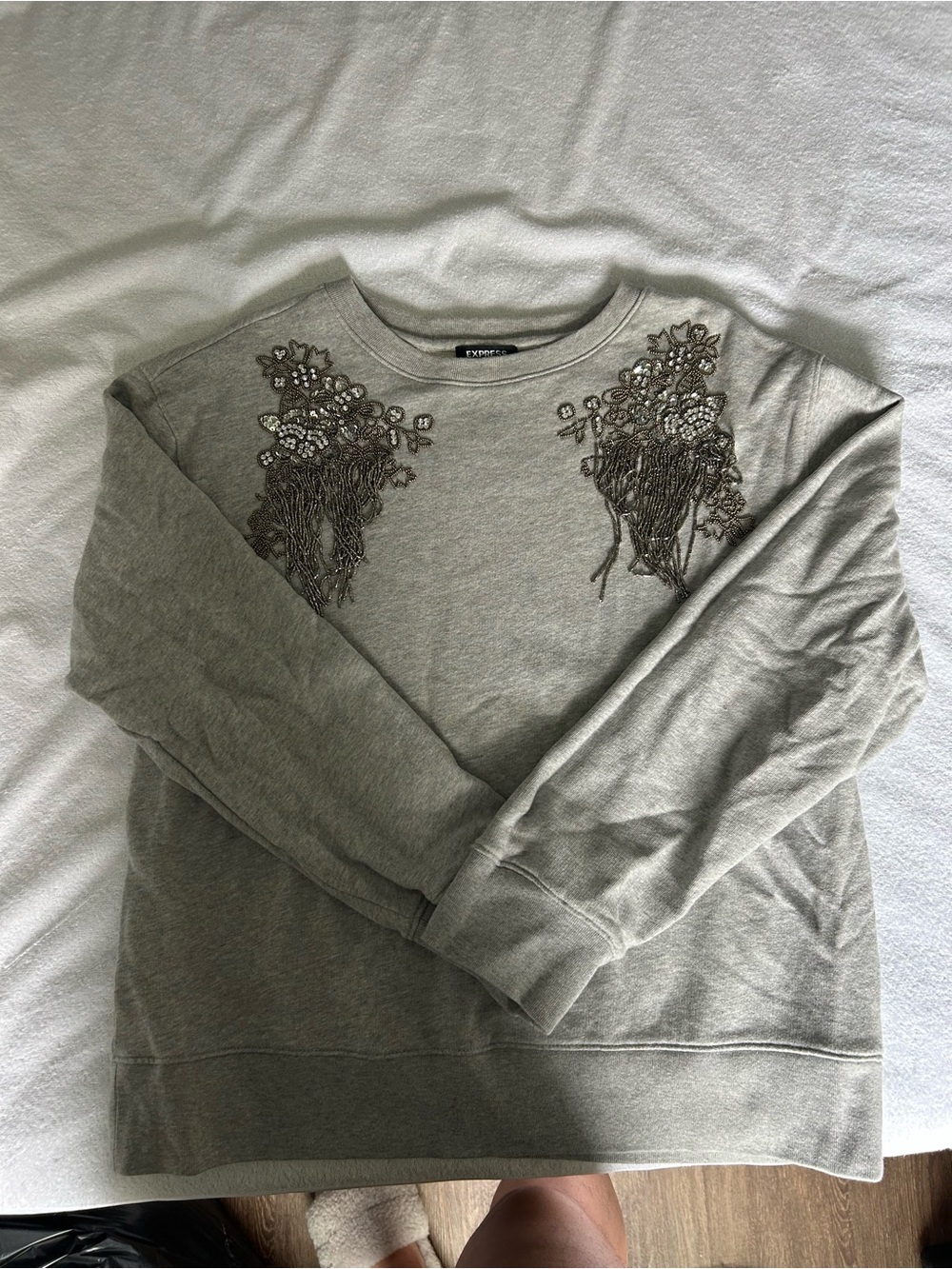 Express Gray Crewneck Sweater with Floral Embroidery